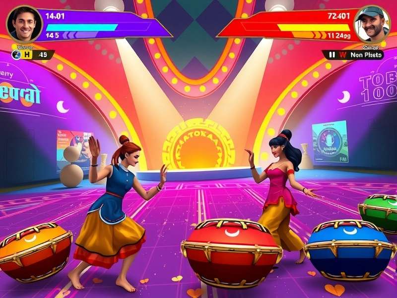 Dhol Dance Storm gameplay screenshot showing colorful interface with dhol beats